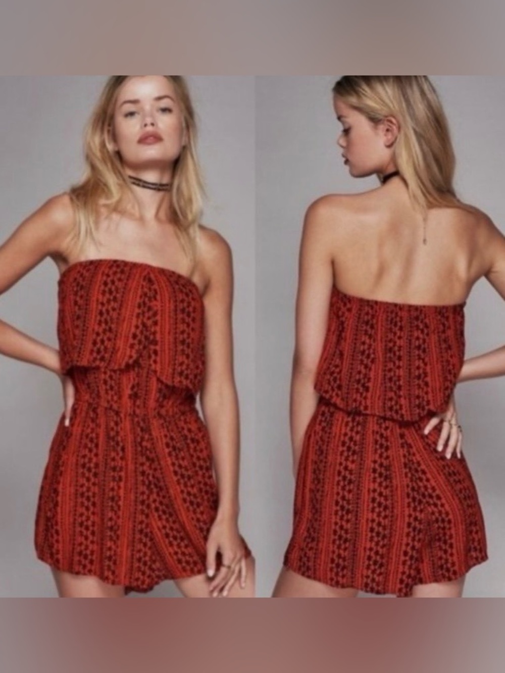 Free People Off-Shoulder Red Printed Romper